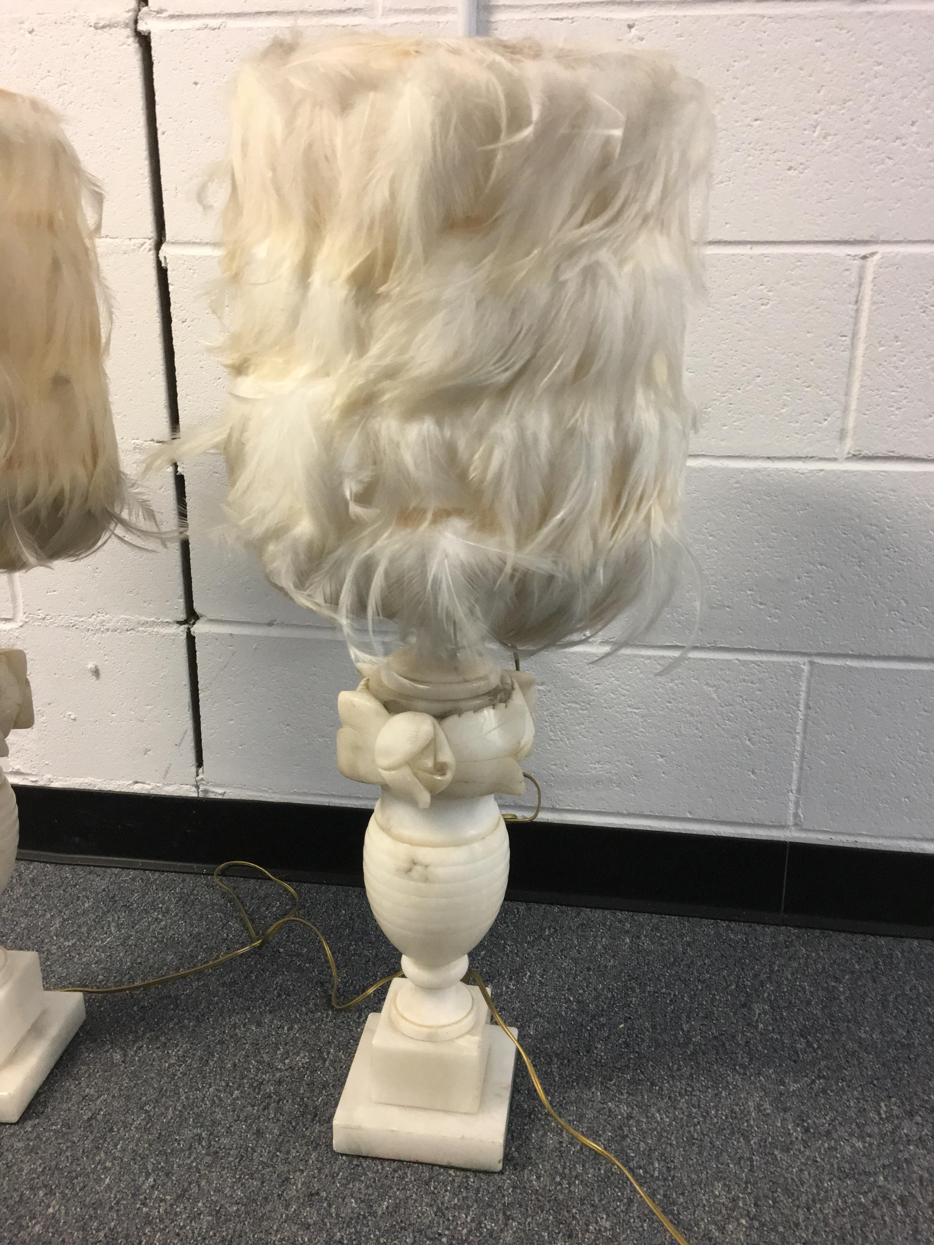 Pair of White Alabaster Carved Lamps with Custom Feather Shades 3