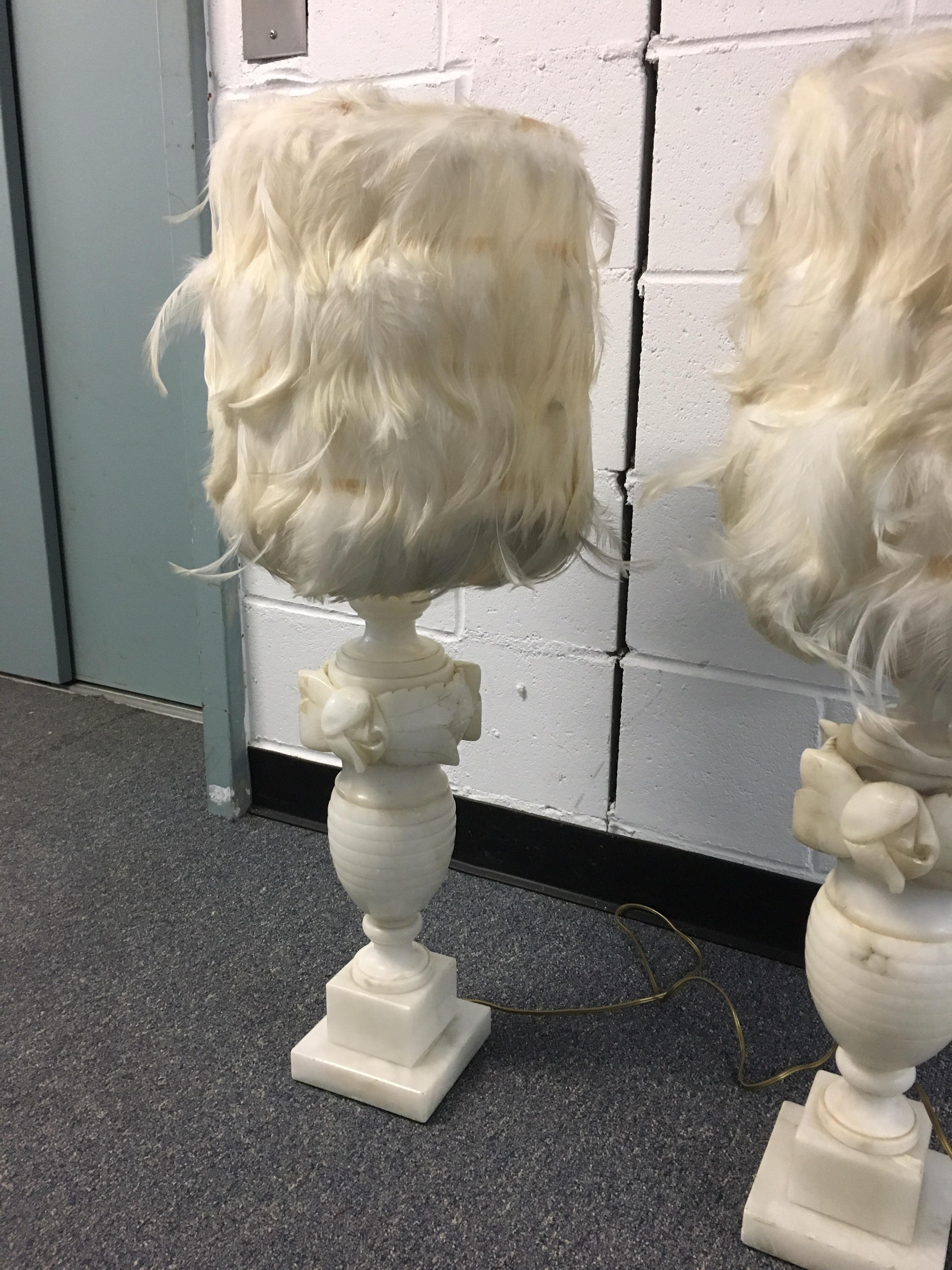 Pair of White Alabaster Carved Lamps with Custom Feather Shades 4