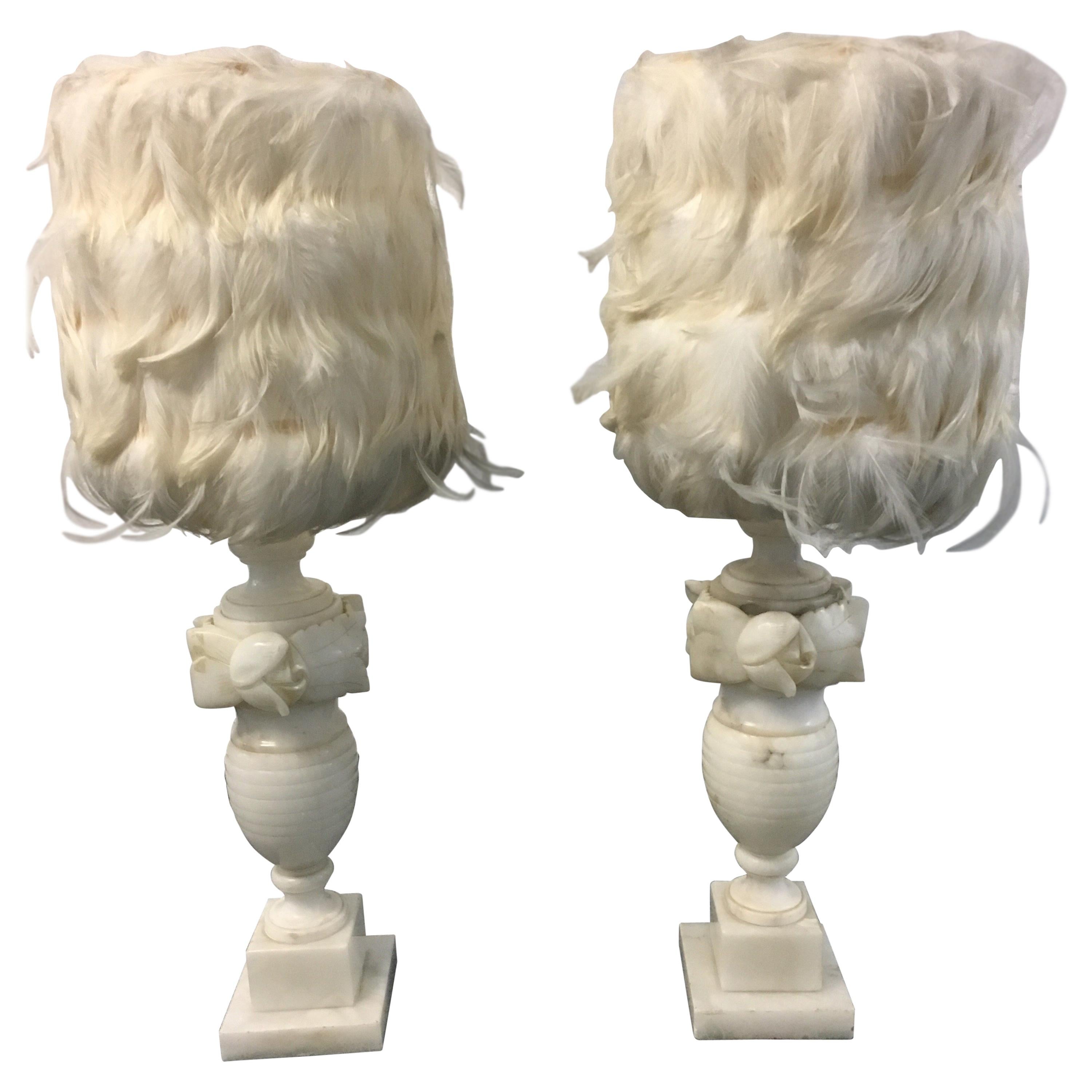Pair of White Alabaster Carved Lamps with Custom Feather Shades