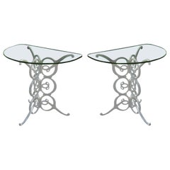 Pair of White Aluminum Scroll Glass Top Outdoor / Patio Side Table