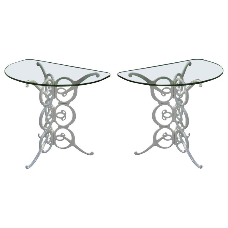 Pair Of White Aluminum Scroll Glass Top Outdoor Patio Side Table