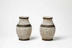 Pair of White and Black Art Deco Ceramic Vases 1930 in Style of Jean Besnard