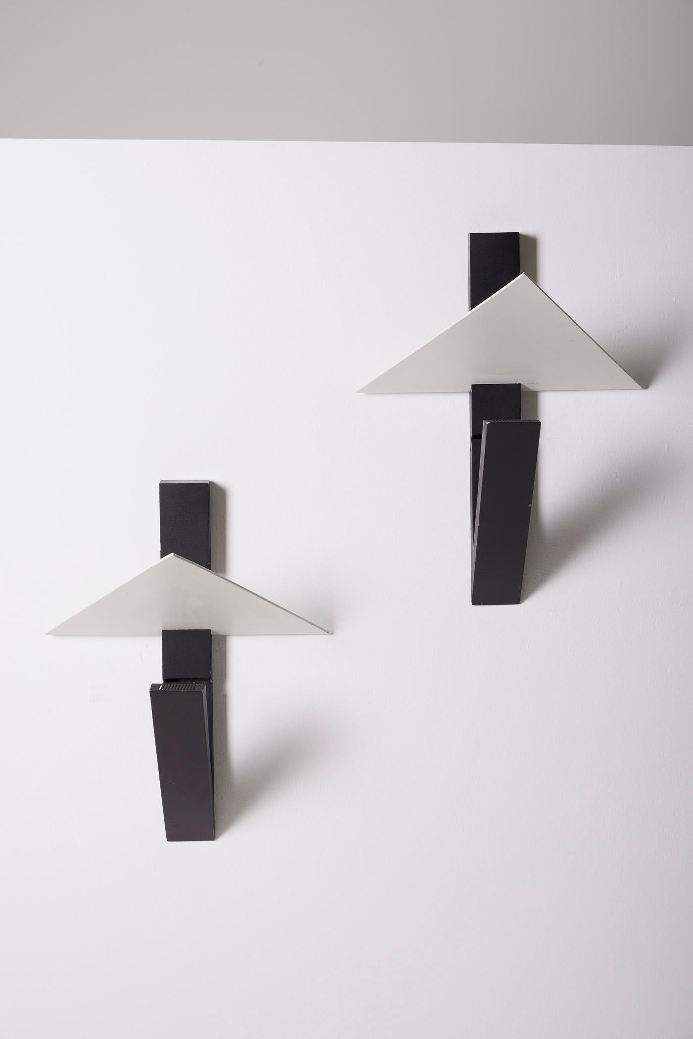 Pair of white and black wall sconces by Lucien Gau For Sale 3