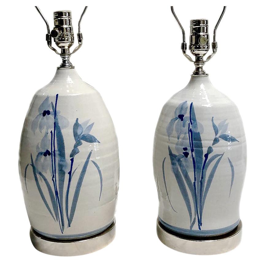 Pair of White and Blue Ceramic Table Lamps For Sale