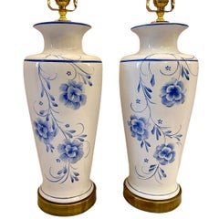 Pair of White and Blue Floral Lamps
