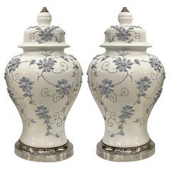 Pair of White and Blue Floral Lamps
