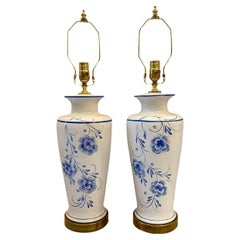 Pair of White and Blue Floral Lamps
