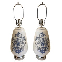 Pair of White and Blue Opaline Glass Lamps