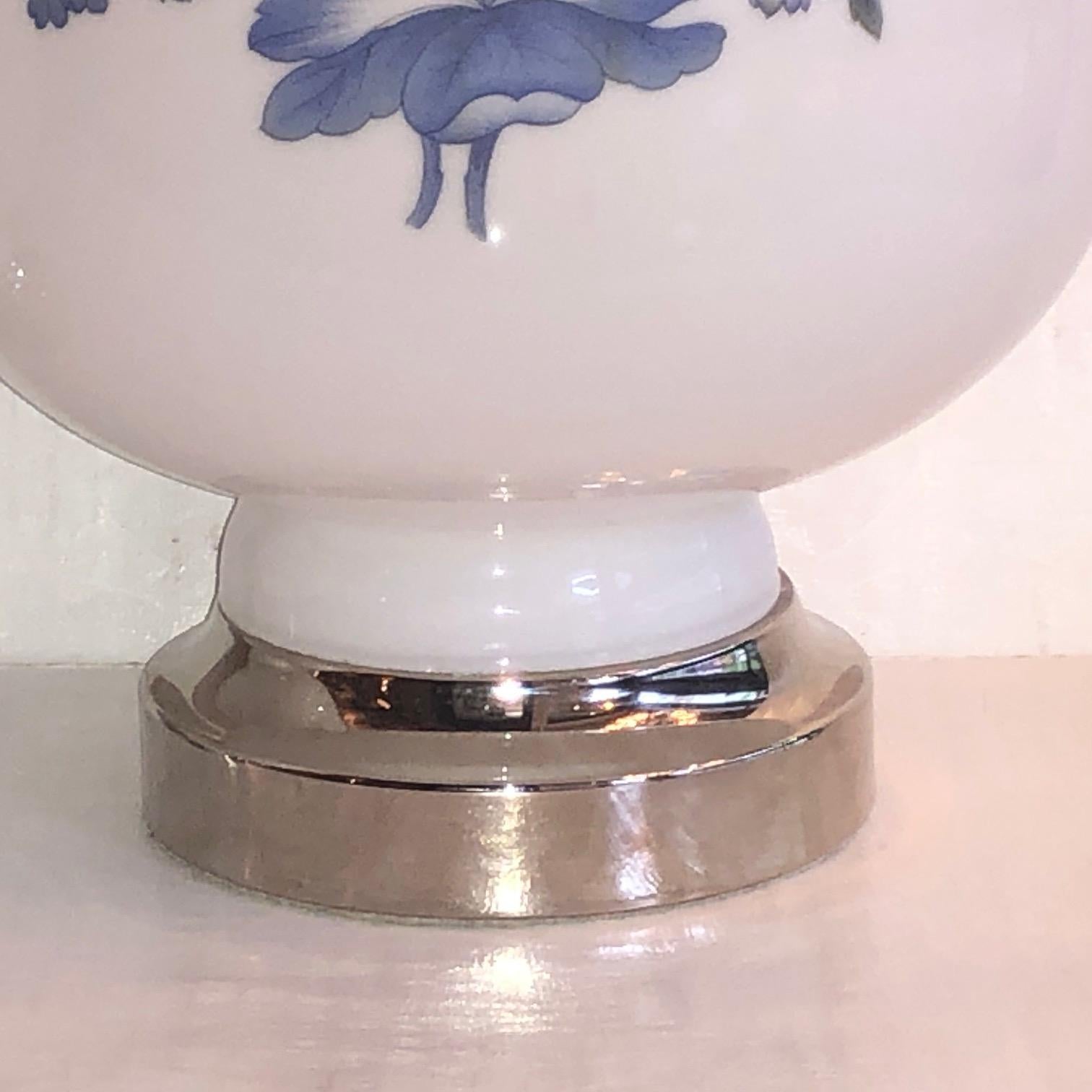 French Pair of White and Blue Opaline Glass Lamps For Sale