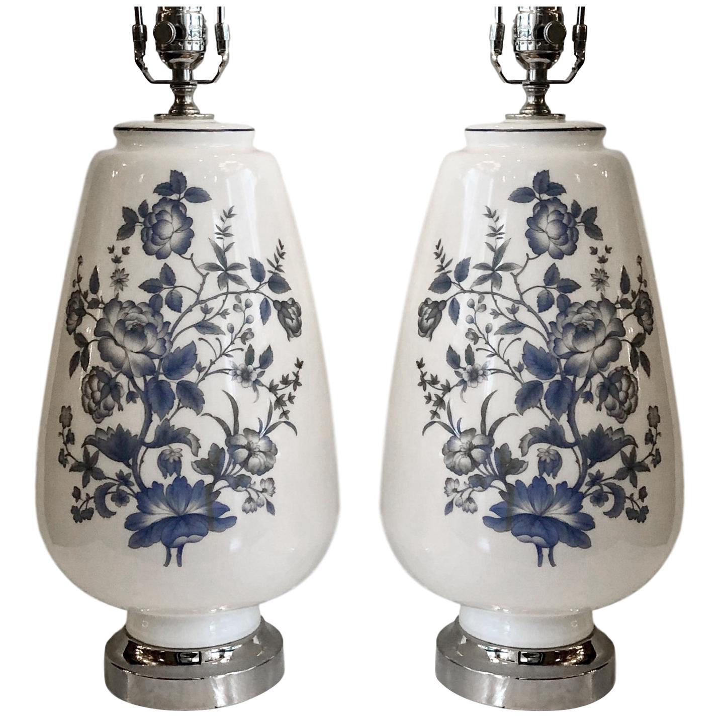 Pair of White and Blue Opaline Glass Lamps For Sale