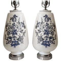 Pair of White and Blue Opaline Glass Lamps