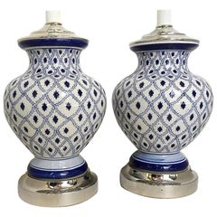 Pair of White and Blue Porcelain Lamps