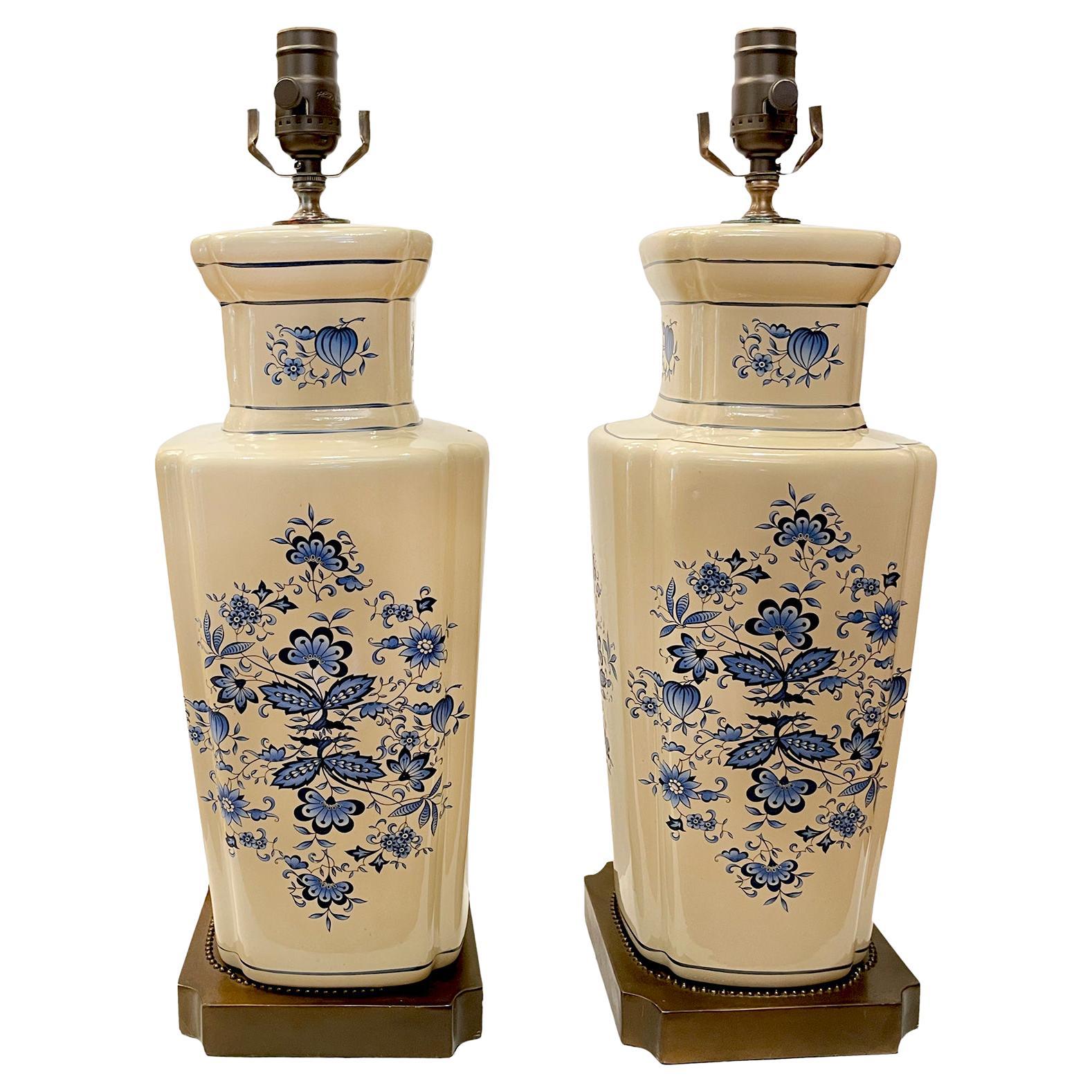 Pair of White and Blue Porcelain Lamps For Sale
