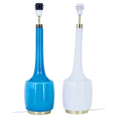 Vintage Pair of white and blue table lamps by bergboms