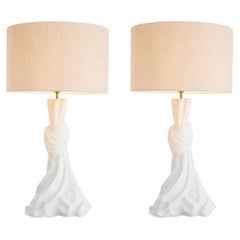 Pair of White and Brass Table Lamps, Linen Shade, from Riviera Décotation.