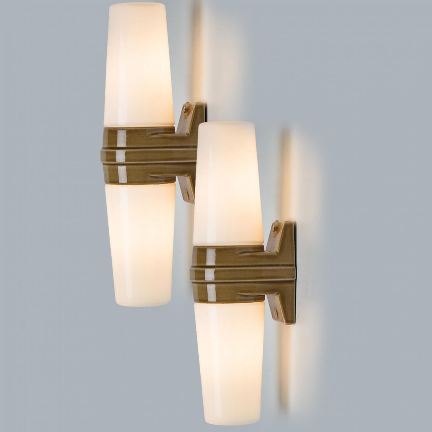 Mid-Century Modern Pair of White and Brown Ceramic Wall Lights, Sweden, 1970 For Sale