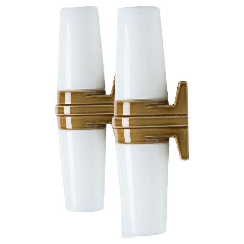 Pair of White and Brown Ceramic Wall Lights, Sweden, 1970