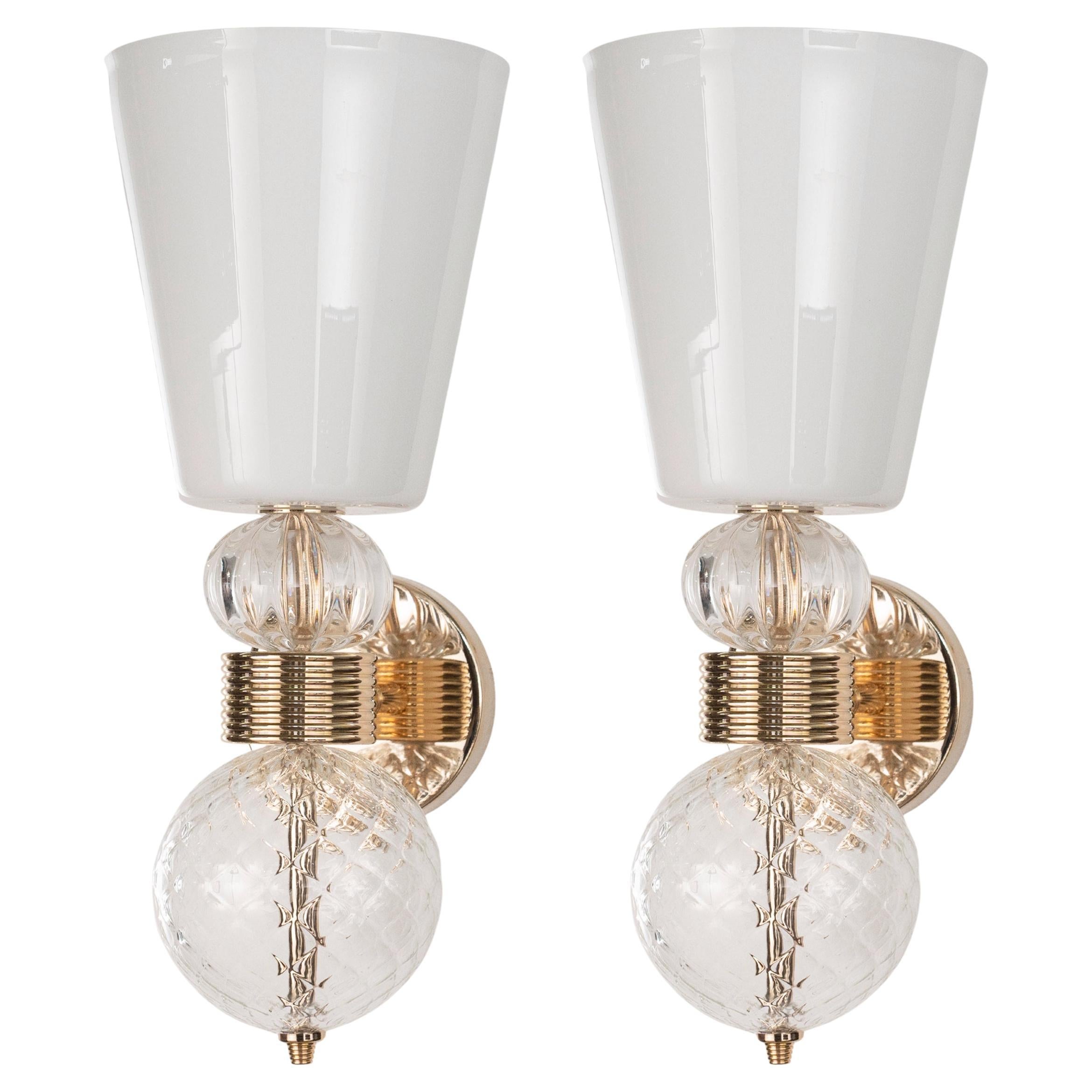 Pair of White and clear Murano Glass Wall Lamps with Gold Frame, Italy in stock