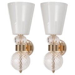 Pair of White and clear Murano Glass Wall Lamps with Gold Frame, Italy in stock