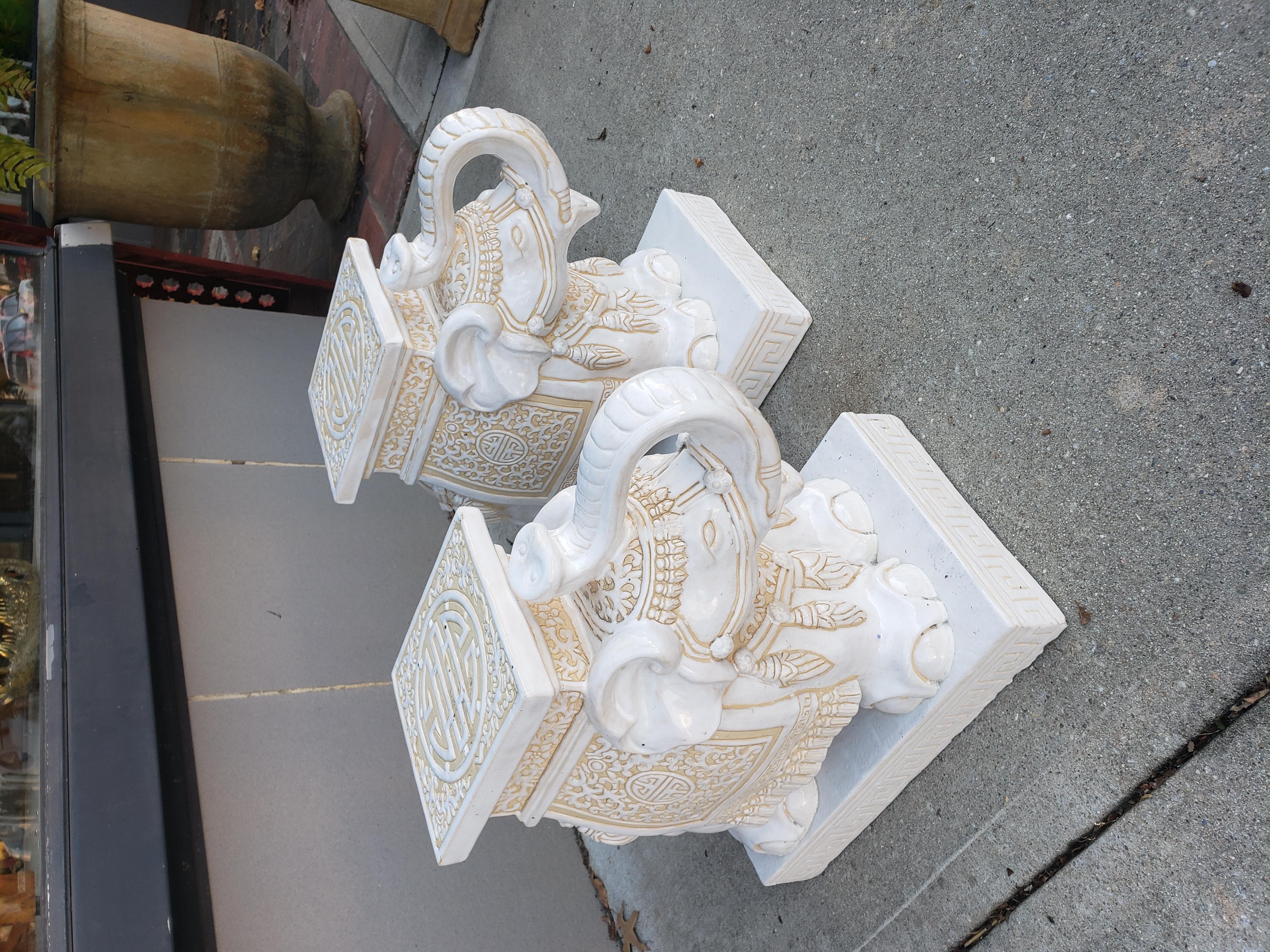 Terracotta Pair of White and Cream Elephant Garden Seat