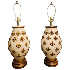 Pair of White and Gilt Porcelain Bulbous Shaped Table Lamps