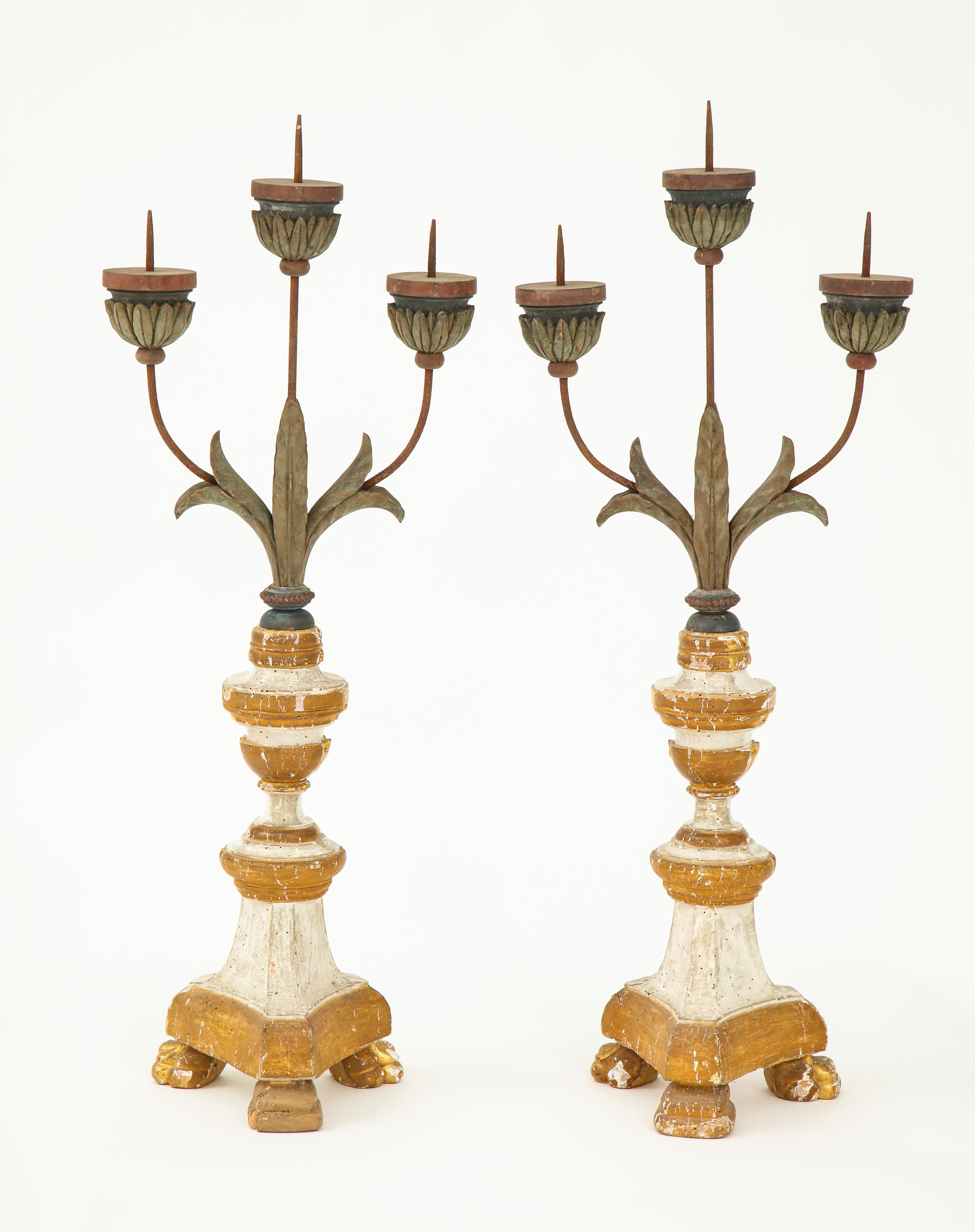 Pair of White and Giltwood Pricket Altar Candlesticks For Sale 5