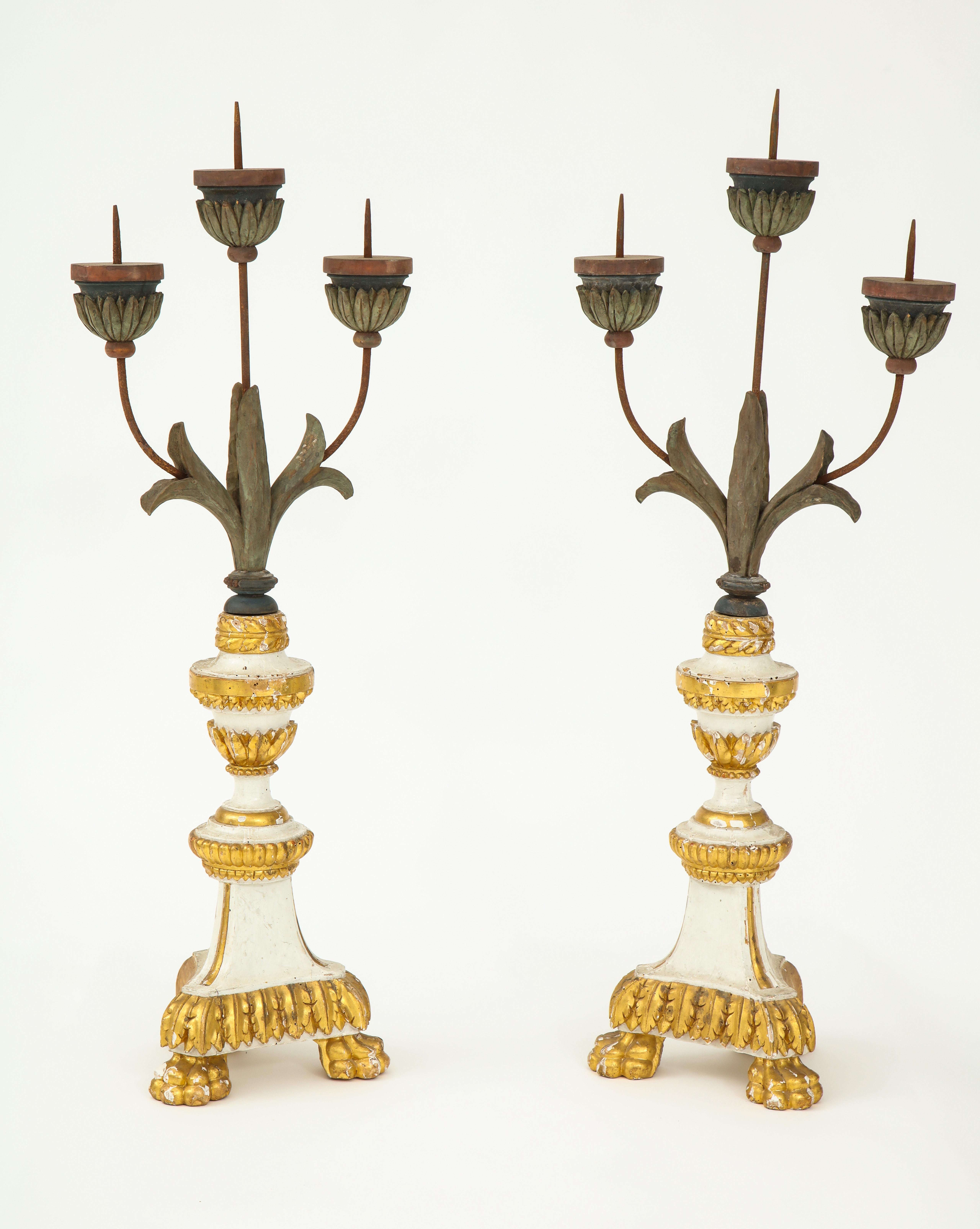 19th Century Pair of White and Giltwood Pricket Altar Candlesticks For Sale