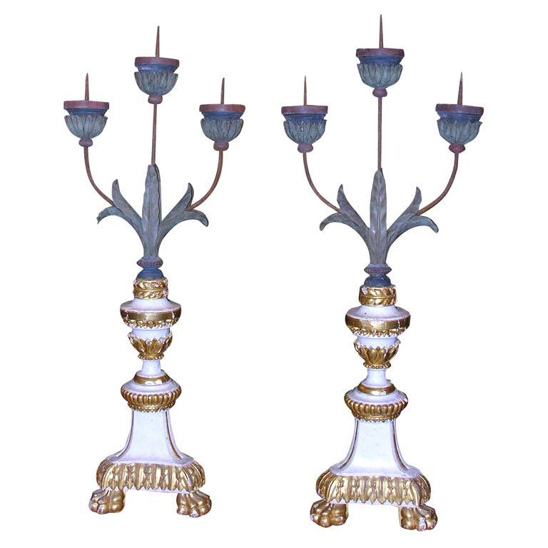 Pair of White and Giltwood Pricket Altar Candlesticks For Sale