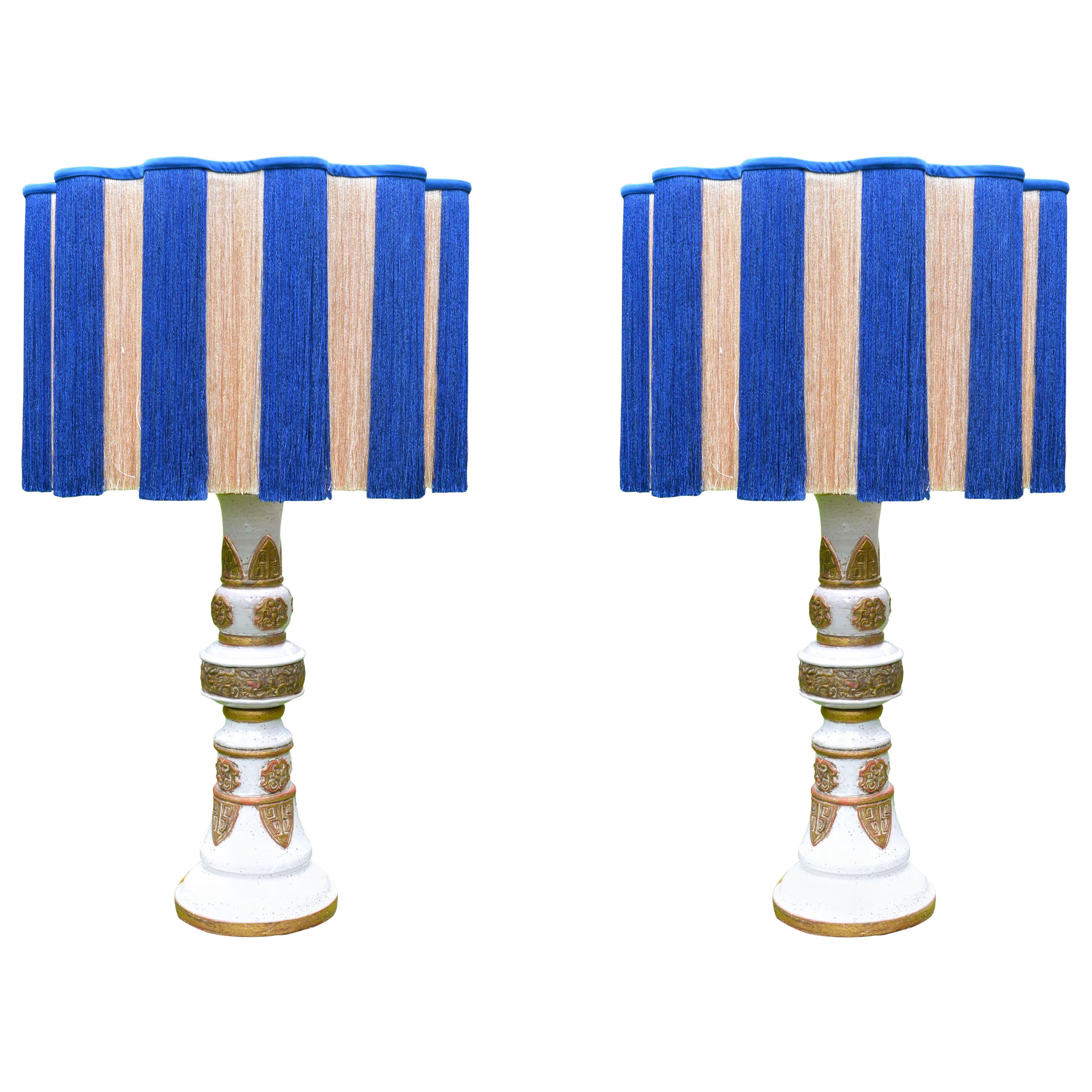 Pair of White and Gold French Ceramic Table Lamps, circa 1960 For Sale