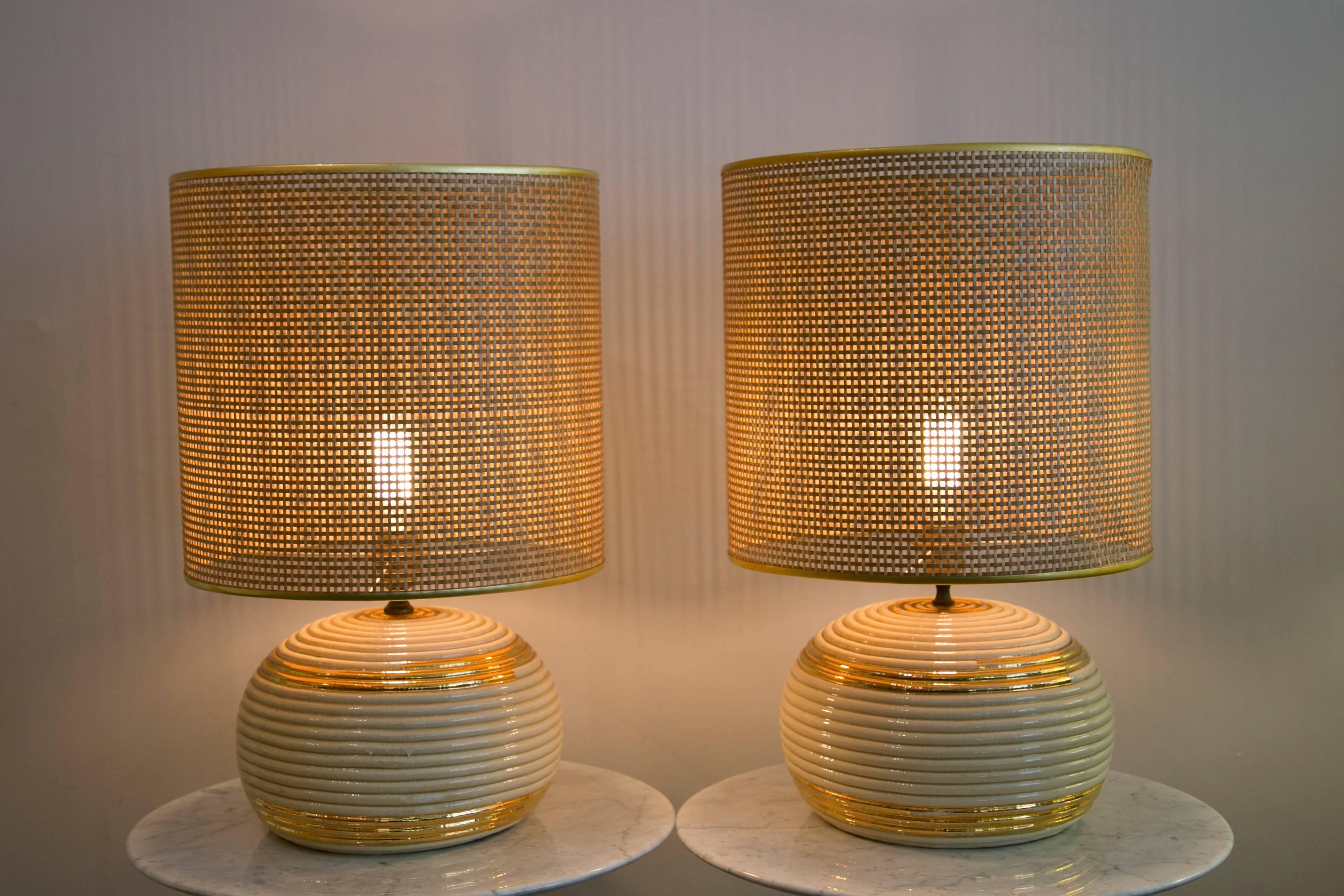 Modern Pair of White and Gold Porcelain Lamps, Cane Work Shades