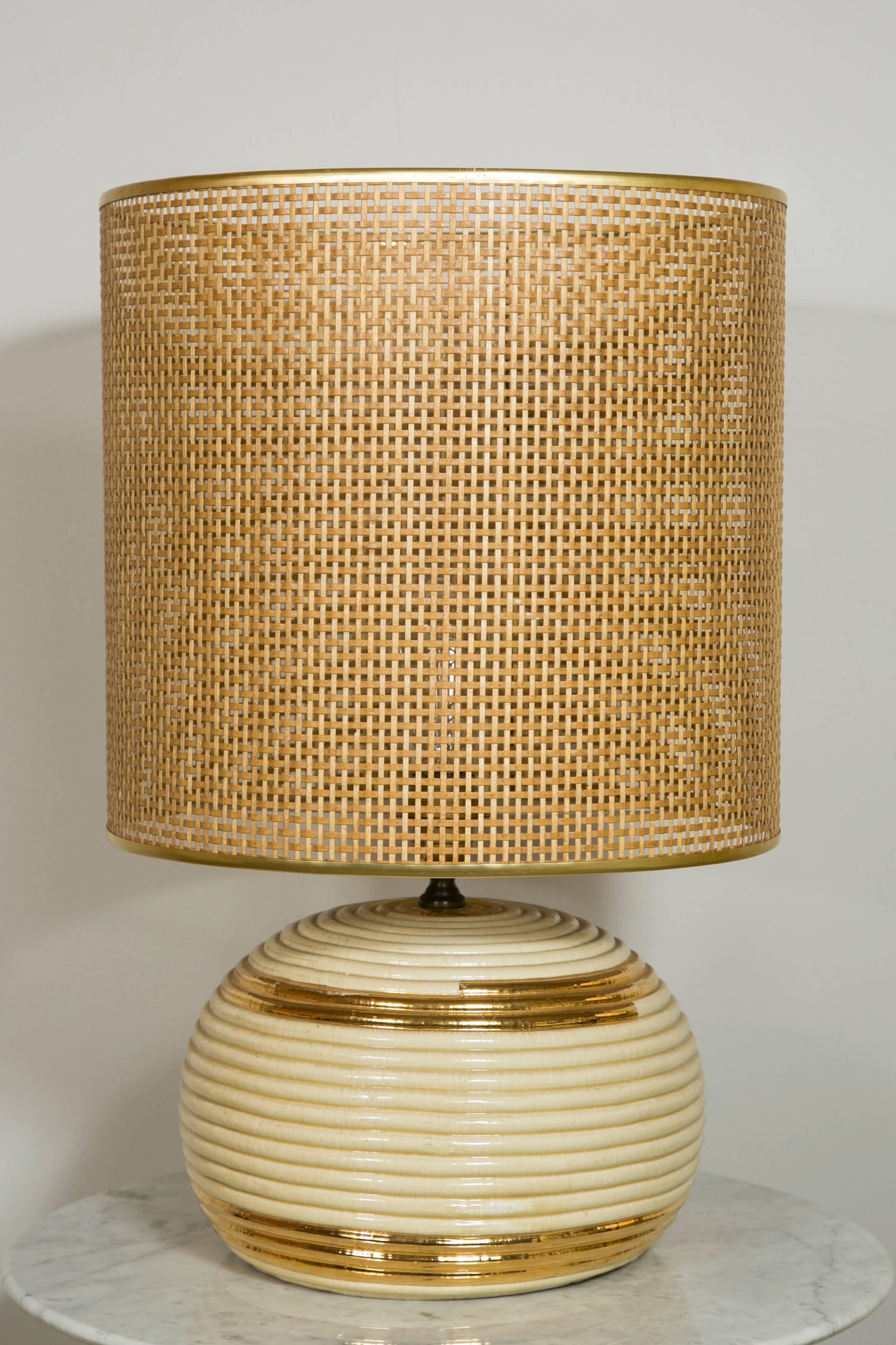 Italian Pair of White and Gold Porcelain Lamps, Cane Work Shades