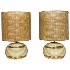 Vintage Pair of White and Gold Porcelain Lamps, Cane Work Shades