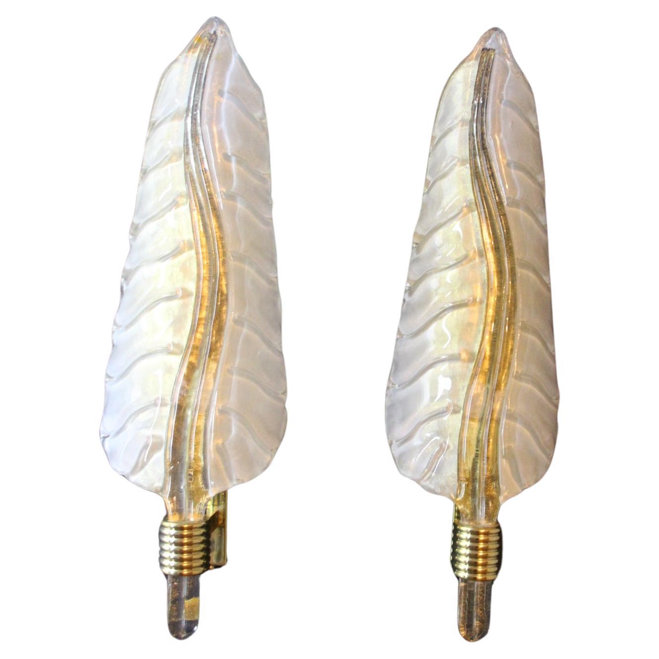 Pair of White and Golden Murano Glass Sconces, Leaf Shape Wall Lights For Sale