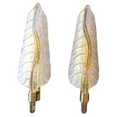 Pair of White and Golden Murano Glass Sconces, Leaf Shape Wall Lights