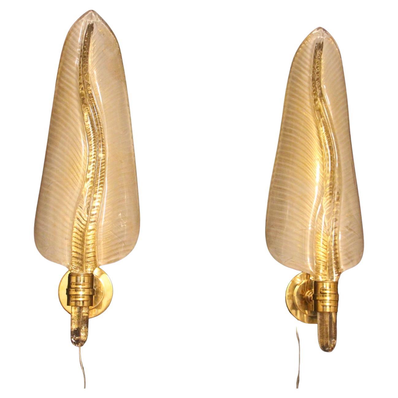 Pair of White and Golden Murano Glass Sconces, Leaf Shape Wall Lights