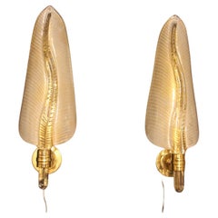 Pair of White and Golden Murano Glass Sconces, Leaf Shape Wall Lights
