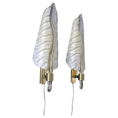 Pair of White and Golden Murano Glass Sconces, Leaf Shape Wall Lights