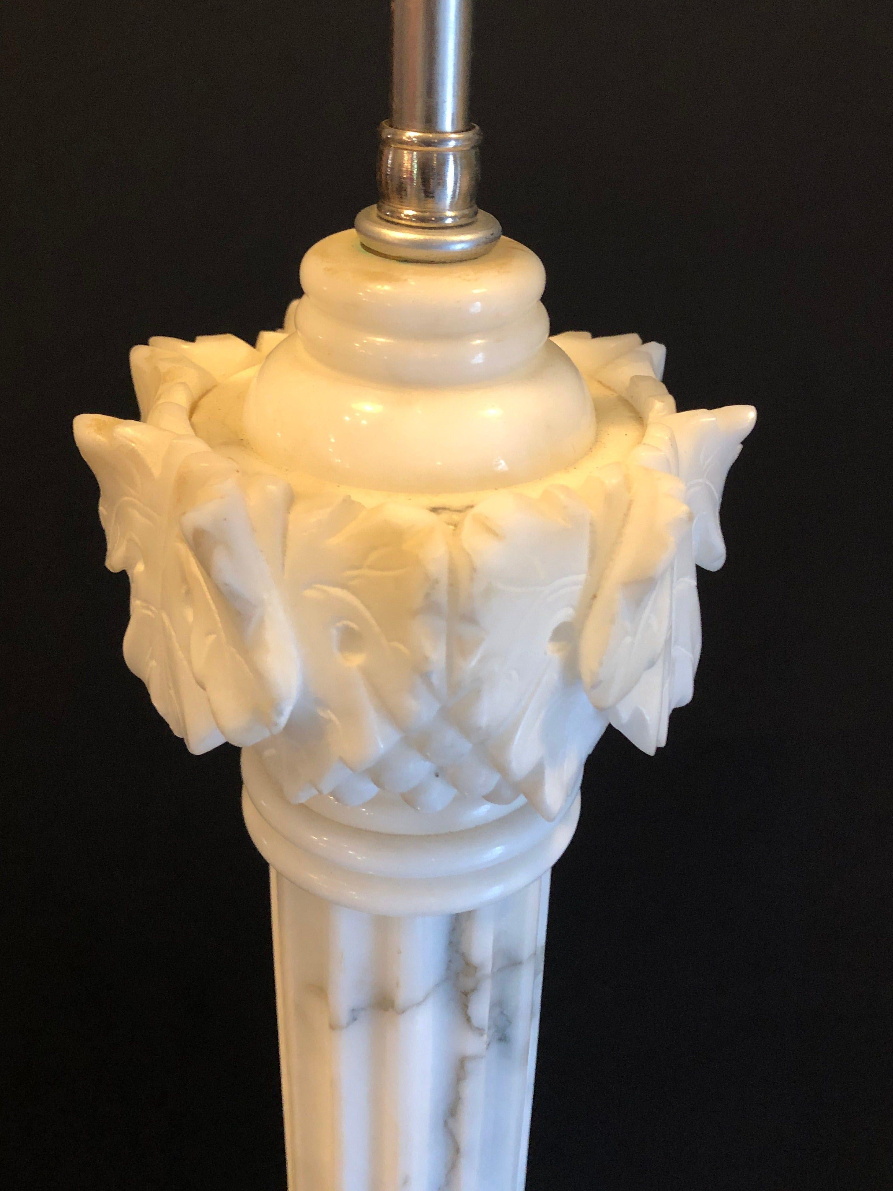 Hollywood Regency Pair of White and Grey Veined Column Marble Table Lamps with Custom Shades For Sale