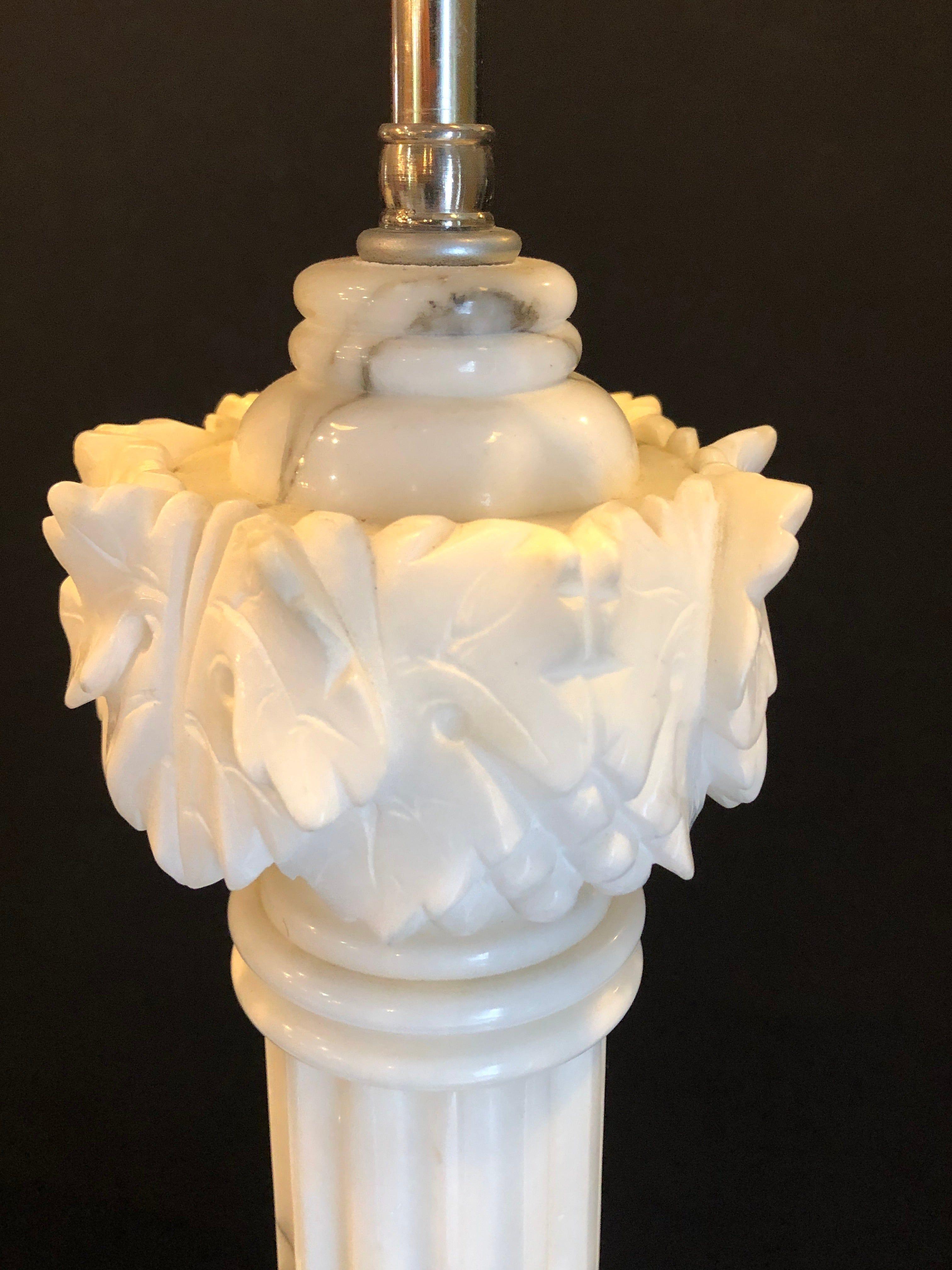 Pair of White and Grey Veined Column Marble Table Lamps with Custom Shades In Good Condition For Sale In Stamford, CT
