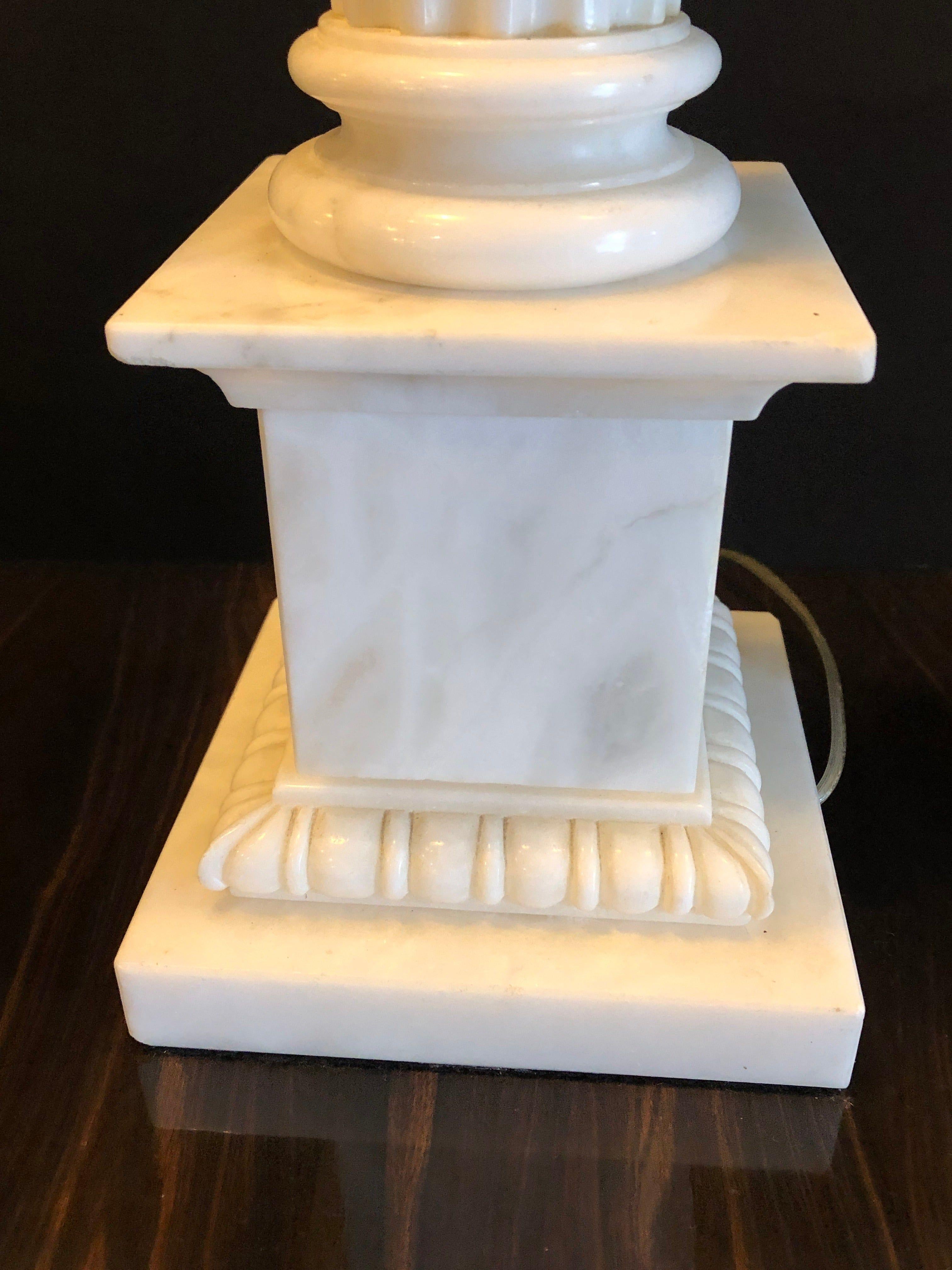 Pair of White and Grey Veined Column Marble Table Lamps with Custom Shades For Sale 1