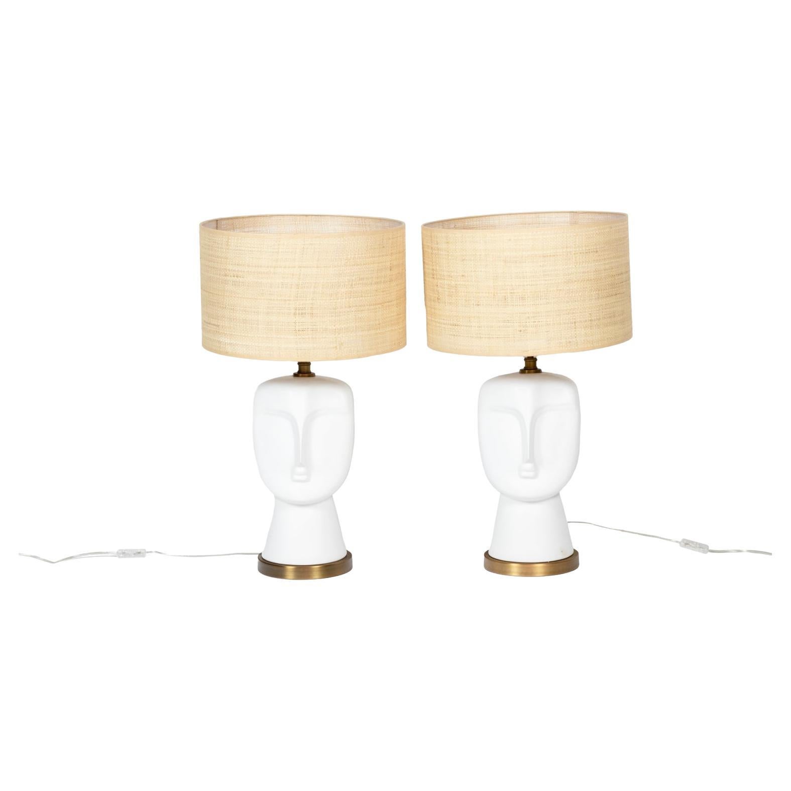 Pair of white and matte opaline lamps, 20th century For Sale