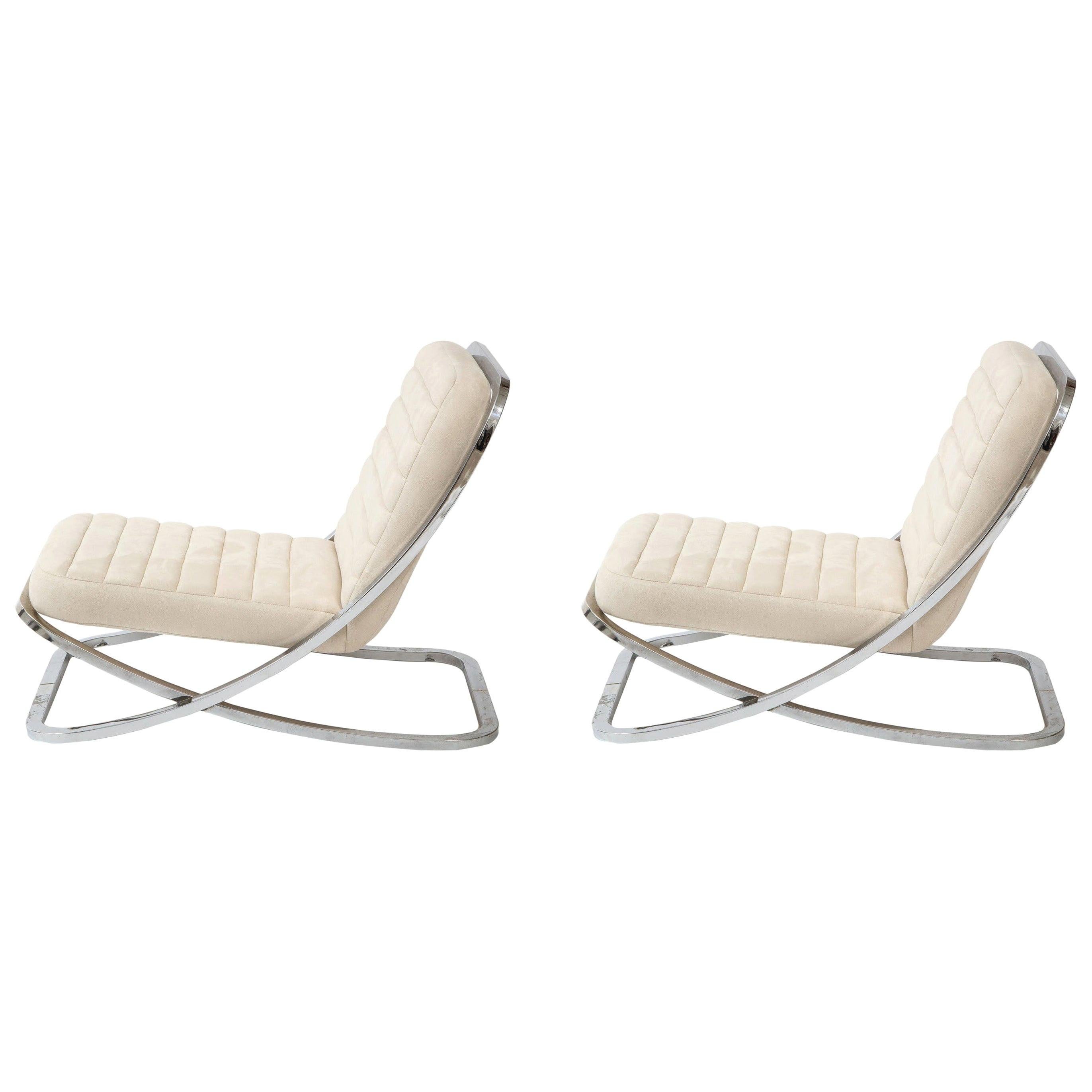 Pair of Low White Ultra Suede and Polished Chrome Lounge Chairs, 1970s, France For Sale