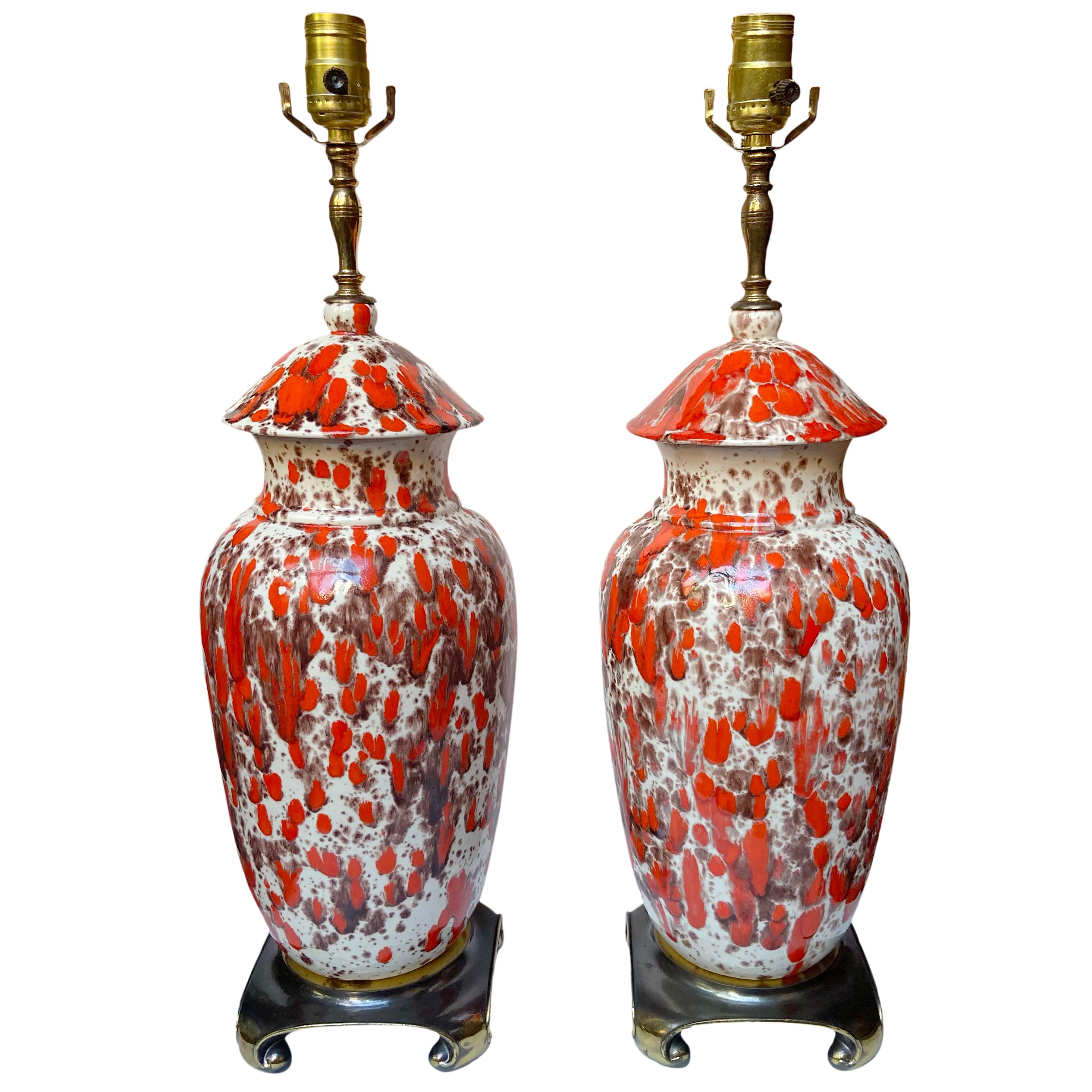 Pair of White and Orange Porcelain Lamps For Sale