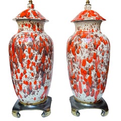 Pair of White and Orange Porcelain Lamps