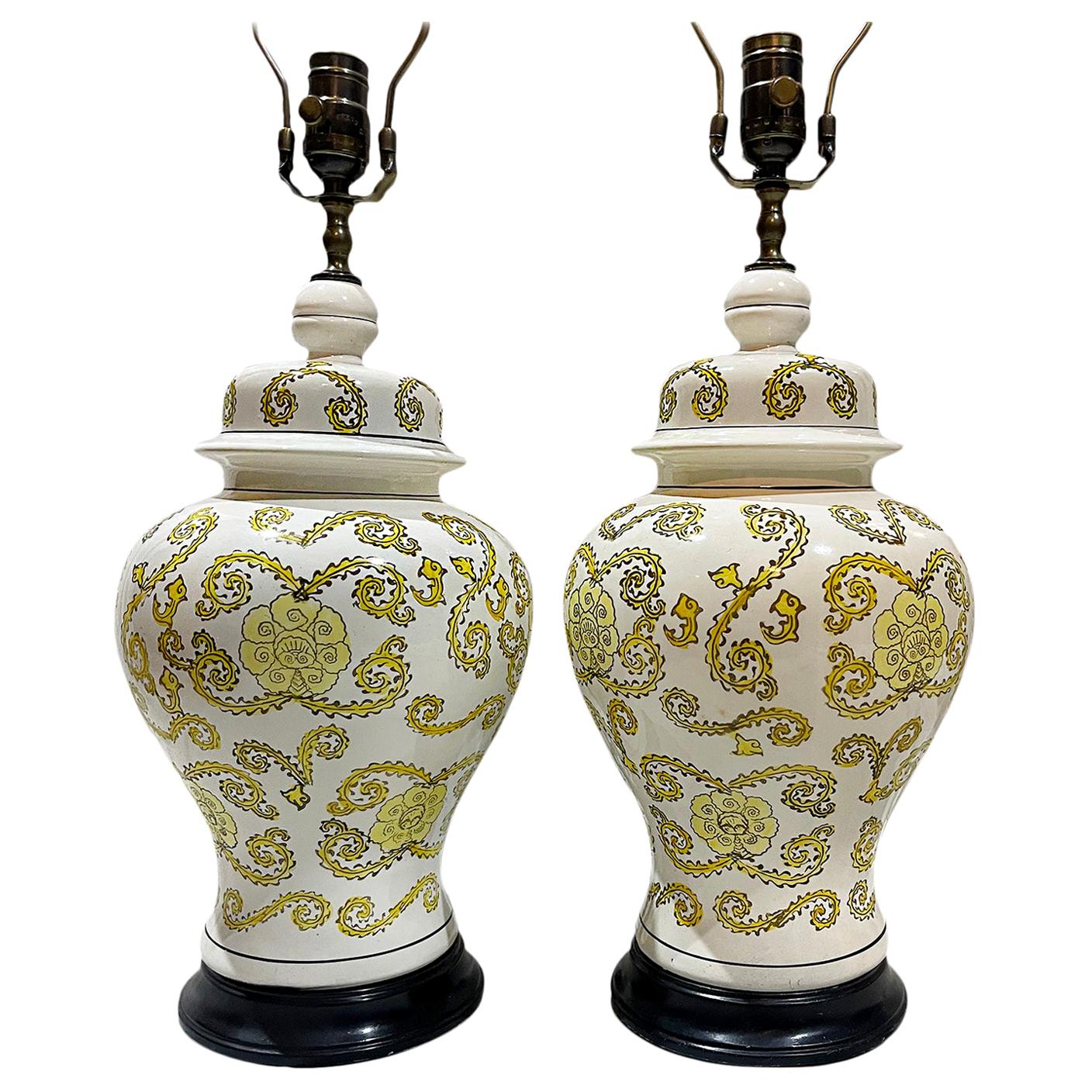 Pair of White and Yellow Porcelain Lamps For Sale