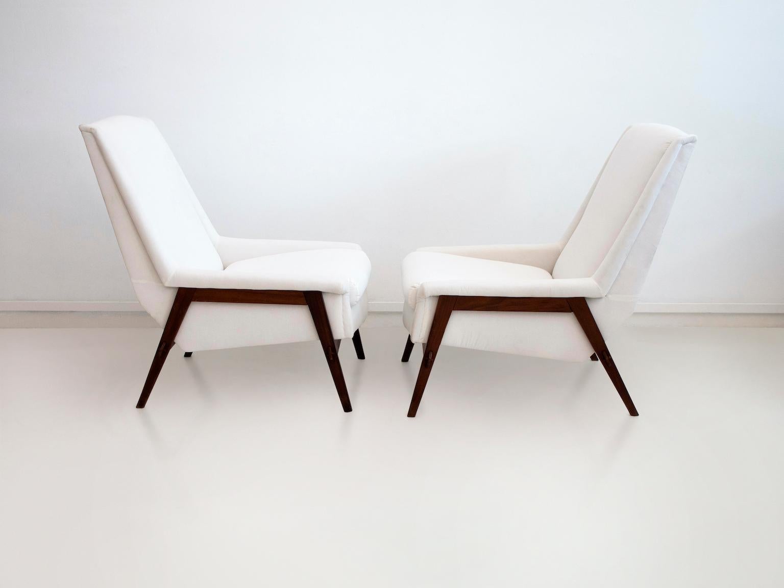 Italian Pair of White Armchairs with Stained Oak Frame