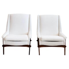 Retro Pair of White Armchairs with Stained Oak Frame