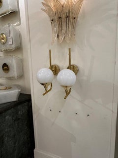 Pair of White Ball Form Murano Glass Sconces on Brass Base
