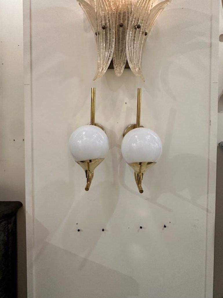 Italian Pair of White Ball Form Murano Glass Sconces on Brass Base For Sale