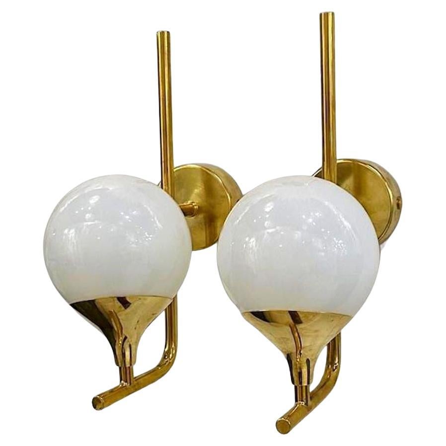 Pair of White Ball Form Murano Glass Sconces on Brass Base For Sale